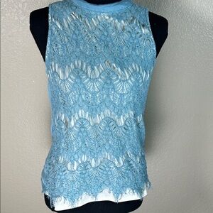 Tempted Small Light Blue Lace Sleeveless Top Sheer Floral Overlay Keyhole Back